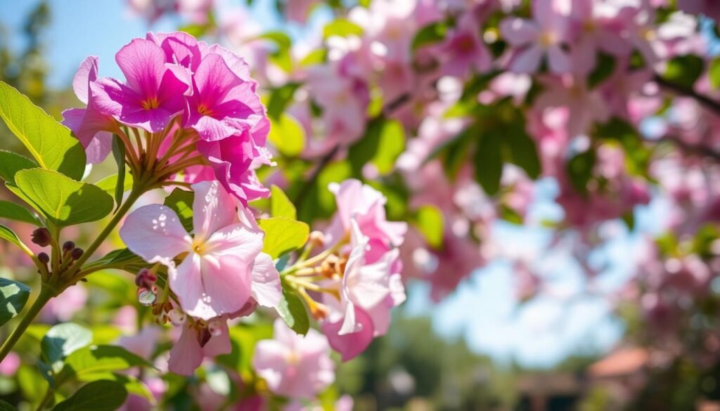 A vibrant close-up of nectar-rich flowers, showcasing a variety of flowering trees known for attracting bees. In the foreground, a cluster of blossoms in shades of purple, pink, and white, with dew drops glistening on their petals. The middle ground features a soft-focus view of a flowering tree, with lush green leaves framing the vibrant blooms. In the background, a blurred garden scene with hints of blue sky and sunlight filtering through the branches, creating a warm, inviting atmosphere. The lighting is natural and bright, emphasizing the vivid colors and delicate textures of the flowers. The mood is tranquil and nurturing, ideal for a piece on nature's beauty and the importance of supporting bee populations.