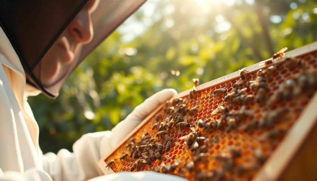 A vibrant, close-up view of a beekeeper inspecting a brood frame filled with honeycomb cells, set against a lush garden backdrop. In the foreground, the beekeeper, dressed in professional protective gear, carefully tilts the frame to observe the developing larvae and capped brood. Soft sunlight filters through the trees, creating a warm and inviting atmosphere. In the middle ground, a variety of bees can be seen busily flying around and interacting with the frame. The background features blurred greenery, enhancing the focus on the frame and the beekeeper. The overall mood is one of diligence and harmony with nature, emphasizing the importance of careful observation in beekeeping practices.