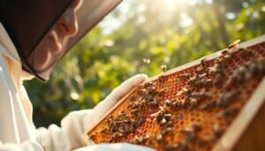 A vibrant, close-up view of a beekeeper inspecting a brood frame filled with honeycomb cells, set against a lush garden