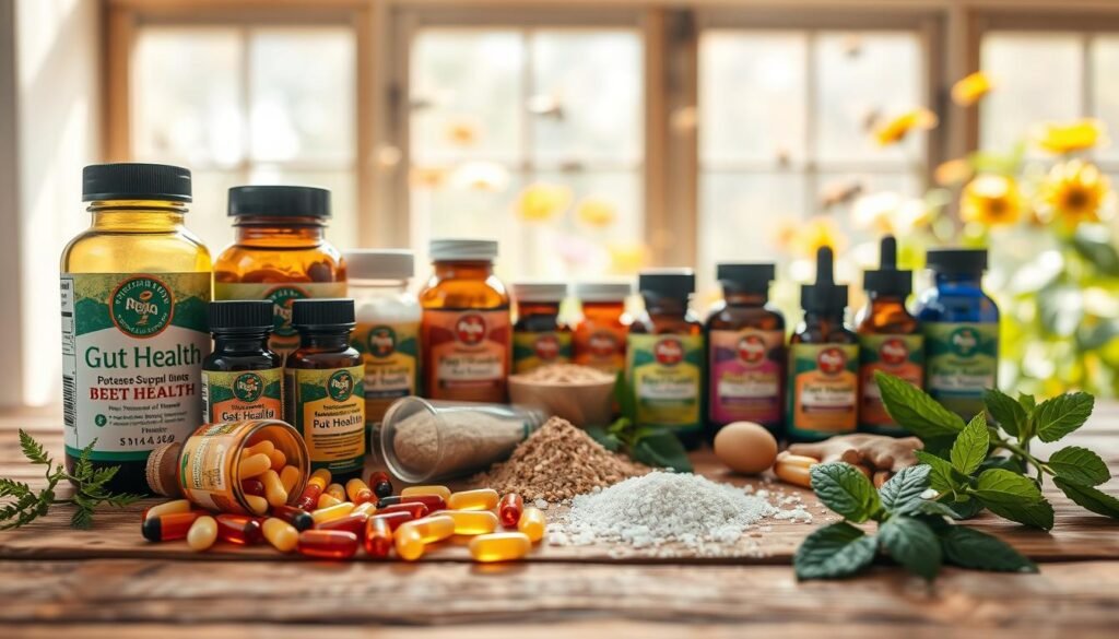A vibrant display of natural supplements designed for gut health, featuring a variety of colorful herbal capsules, powders, and essential oils elegantly arranged on a rustic wooden table. In the foreground, a few open bottles reveal their contents, with fresh herbs like ginger and peppermint scattered around to signify their natural origin. The middle ground shows a gentle sunlight filtering through a window, casting soft shadows and enhancing the warm, inviting atmosphere. In the background, a blurred image of bees buzzing around a flower garden can be seen, emphasizing the connection to bee health. The scene is shot from a slight overhead angle using a macro lens, bringing the viewer's focus to the details of the supplements, while a tranquil, natural ambiance fills the image.