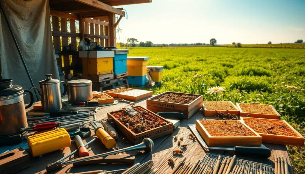 A vibrant equipment hive nestled within a serene apiary, showcasing various beekeeping tools spread out on a rustic wooden table. In the foreground, an assortment of equipment like smoker, hive tools, and frames filled with honeycomb glisten in the soft morning light. The middle ground features several colorful hives painted in yellows and blues, with bees buzzing around them. In the background, lush green fields stretch under a clear blue sky, dotted with wildflowers. The scene is illuminated by warm, golden sunlight, creating a welcoming and industrious atmosphere. The angle is slightly elevated, capturing the entire setup harmoniously, with a focus on the tools and hives, evoking a sense of tranquility and productivity.