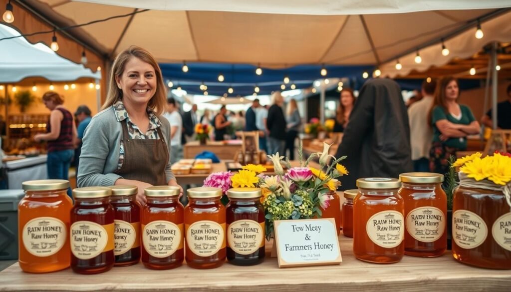 A vibrant farmer's market booth selling raw honey, featuring beautifully arranged jars of honey in various sizes, some with rustic wooden labels. The foreground showcases a friendly vendor in professional casual attire, smiling and interacting with potential customers. The middle includes the booth's setup, with a handmade wooden table, colorful floral decorations, and a backdrop of a canvas awning providing shade. In the background, other market stalls and customers browsing create a lively atmosphere. Soft, warm lighting illuminates the scene, enhancing the inviting mood. The angle captures the booth from a slightly elevated perspective, emphasizing the engaging nature of the selling experience and the natural beauty of the products. The overall ambiance is cheerful and bustling, ideal for attracting customers.