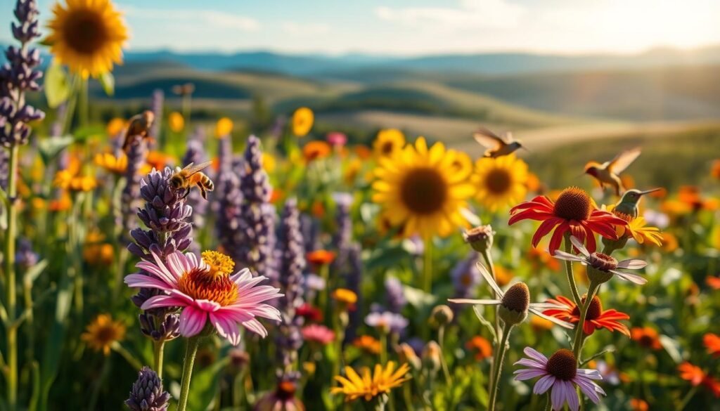 A vibrant garden filled with diverse flowers, including lavender, sunflowers, and wildflowers teeming with life. In the foreground, a honeybee is mid-flight, approaching a colorful bloom, while a butterfly delicately lands on another flower nearby. The middle ground features a variety of plants attracting different pollinators, like hummingbirds hovering near red blossoms. In the background, a softly blurred, sunlit landscape reveals rolling hills and a bright blue sky, suggesting a warm, inviting day. The lighting is golden and natural, reminiscent of late afternoon sun, creating a warm and cheerful atmosphere, highlighting the importance of pollinators in a thriving garden. The lens is slightly shallow-focus, emphasizing the intricacies of the flowers and creatures, instilling a sense of wonder and harmony in nature.