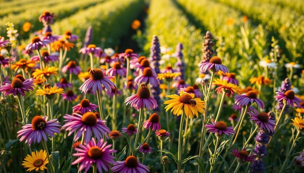 A vibrant garden filled with diverse perennial flowers in full bloom, showcasing an array of colors such as deep purples, bright yellows, and lush greens. In the foreground, bees busily collect nectar from large blossoms, highlighting the interaction between flora and fauna. The middle ground features clusters of sturdy, flowering plants like coneflowers and bee balm, their intricate details captured in sharp focus. The background includes softly blurred rows of sunlit greenery, with hints of blue sky peeking through. Golden hour lighting casts a warm glow over the scene, creating a tranquil and inviting atmosphere. The overall composition should evoke a sense of abundance and vitality, emphasizing the importance of these powerhouse perennials for honey production.