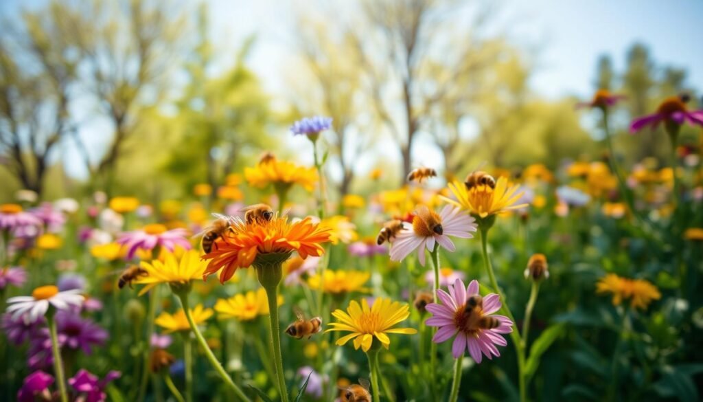 A vibrant garden in full bloom, showcasing peak spring flow with lush, colorful flowers attracting a flurry of busy bees. In the foreground, close-up details of honeybees gathering nectar from bright blossoms, their delicate wings glistening in the warm sunlight. The middle ground features an assortment of wildflowers in various colors like yellow, purple, and pink, with bees buzzing energetically around them. In the background, soft-focus green trees and a clear blue sky create a tranquil scene, emphasizing the lushness of spring. The lighting is warm and inviting, reminiscent of a sunny afternoon, creating a joyful and industrious atmosphere. Capture this idyllic moment with a slight depth of field, highlighting the bees and flowers while keeping the background softly blurred to enhance the focus on spring activity.