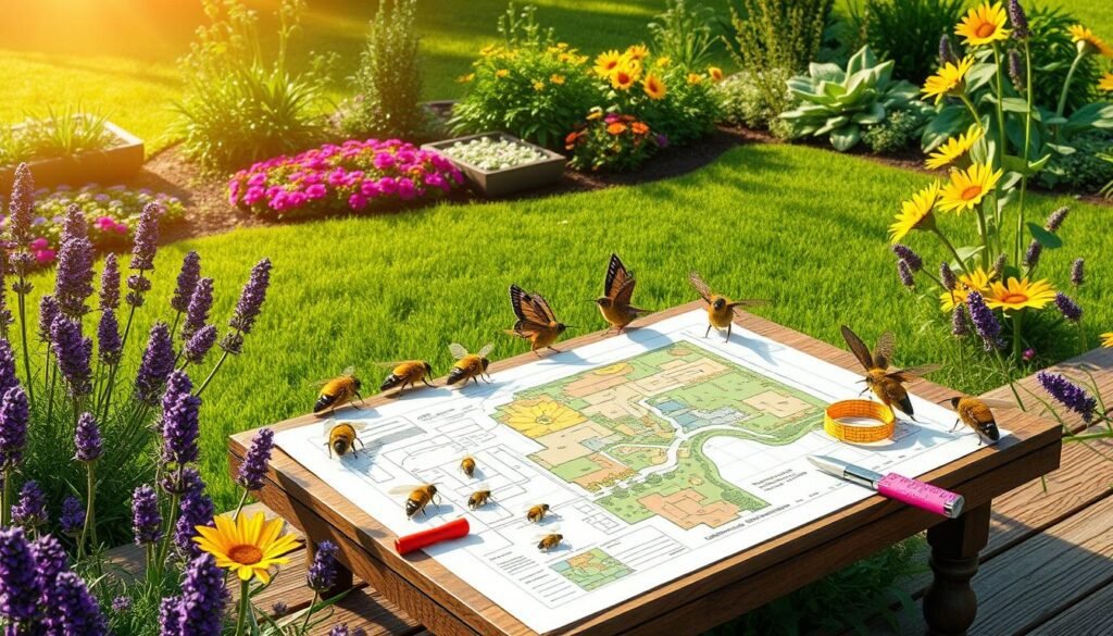 A vibrant garden scene depicting a group of pollinators "planning" a new habitat, including butterflies, bees, and hummingbirds, gathered around a colorful landscape design blueprint laid on a wooden table. In the foreground, the pollinators are using tiny tools and measuring tape, surrounded by blooming flowers like lavender and sunflowers. The middle layer features a lush green lawn with flower beds and native plants, providing a rich environment. In the background, a sunny sky casts soft, warm lighting, enhancing the cheerful atmosphere. The angle is slightly above the table, showing the mock-up of the pollinator habitat being drafted. The mood is collaborative and inspiring, reflecting the harmony of nature and design. The scene is carefully composed, free from any text or distractions.