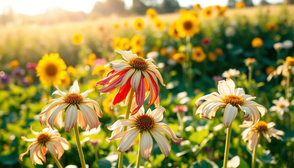 A vibrant garden scene highlighting the physiological effects of nectar dearth on flowering plants. In the foreground, showcase wilting flowers with lifeless petals, some displaying signs of dehydration. In the middle ground, a variety of flowering plants including sunflowers and clover, with a few healthy blooms contrasting against faded ones. The background features a blurred garden landscape under a bright, golden afternoon sunlight, casting soft shadows. Use a shallow depth of field to emphasize the wilting plants while slightly blurring the healthy ones, enhancing the atmosphere of decline and struggle. Capture the mood of a serene but somber garden, illustrating the urgency of the season's changes, without any text or human presence.