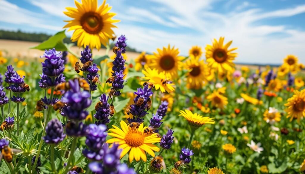 A vibrant garden teeming with clusters of honey bees buzzing around colorful forage plants. In the foreground, a close-up of bees diligently collecting nectar from bright purple lavender and golden sunflowers, showcasing their delicate wings glistening in the sunlight. The middle layer features an array of flowering plants like clover and wildflower mixes, creating a lush habitat rich in biodiversity. The background reveals a sun-drenched landscape with a blue sky and wispy clouds, casting gentle light over the scene. The atmosphere is lively and serene, emphasizing the importance of a bee-friendly environment. The composition should focus on the bees in action, symbolizing harmony with nature, with soft focus on the background for depth.