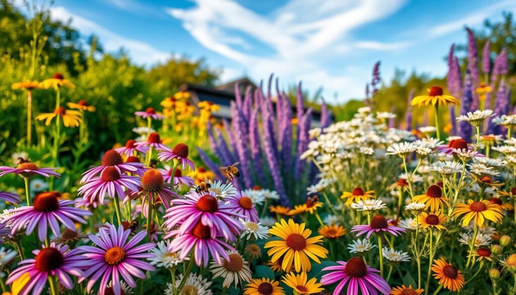 A vibrant garden teeming with native plants, showcasing a variety of flowering species that attract bees. In the foreground, clusters of purple coneflowers, yellow black-eyed Susans, and delicate white yarrow create a rich tapestry of colors. Bees can be seen energetically collecting nectar, their wings glistening in the warm sunlight. In the middle ground, a variety of green foliage frames the scene, while a few butterfly bushes and lavender plants punctuate the landscape. The background features a soft-focus blue sky with wispy clouds, enhancing the idyllic atmosphere of a thriving bee-friendly habitat. Golden hour lighting bathes the scene in a warm glow, evoking a sense of harmony and vitality in nature.