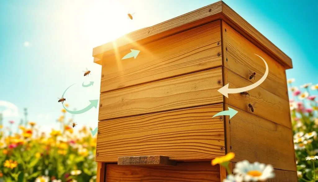 A vibrant illustration depicting the concept of airflow around a beehive during hot summer weather. In the foreground, a close-up of a traditional beehive made of natural wood, with bees buzzing around. The middle ground features stylized arrows and curves representing the flow of air, swirling gently around the hive, enhancing the feeling of movement and ventilation. The background consists of a bright, sunlit garden filled with flowers, with a clear blue sky overhead. The lighting is warm and inviting, suggesting a sunny day, where light glints off the hive, highlighting its details. The atmosphere is lively yet calm, encapsulating the essence of a healthy hive breathing in the summer heat. A vibrant illustration depicting the concept of airflow around a beehive during hot summer weather