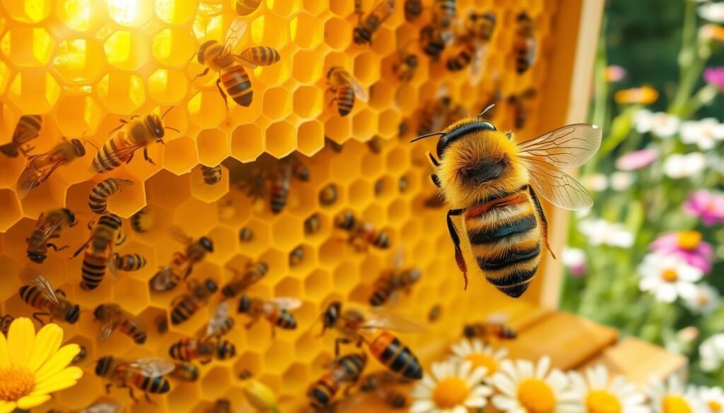 A vibrant illustration showcasing different castes within a bee colony. In the foreground, a queen bee is prominently displayed, larger and distinct, with a glossy abdomen, surrounded by worker bees in various stages of activity—some tending to brood cells filled with larvae, while others gather nectar and pollen. The middle layer captures the hive structure, intricately displaying hexagonal honeycombs filled with golden honey and bee larvae. In the background, a serene garden blooms with flowers, symbolizing the bees' foraging habitat. Soft, natural sunlight filters through, creating a warm, inviting atmosphere. The scene is photographed from a slightly elevated angle to encompass the dynamic interactions between the bees and their environment, emphasizing the vital roles of each caste in sustaining their colony.