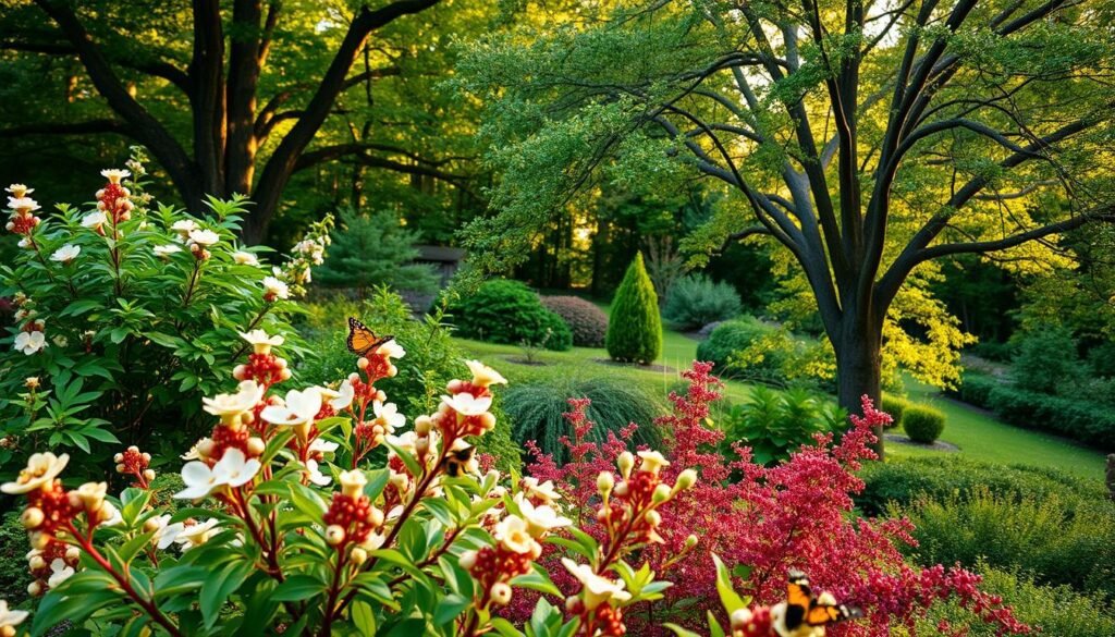 A vibrant, lush garden showcasing various woody native plants, emphasizing shrubs and trees that provide structure and forage for pollinators. In the foreground, a cluster of flowering native shrubs like red-twig dogwood and elderberry, their blossoms attracting bees and butterflies. The middle ground features a sturdy oak and a fragrant serviceberry tree, their branches full of green leaves and some ripe berries. The background has a natural wooded area, softly lit by warm, golden sunlight filtering through the trees. The scene conveys a serene, thriving ecosystem, with a soft focus creating a dreamy atmosphere. The angle is slightly elevated, capturing the harmonious interaction between the plants and the wildlife, with no human figures or text elements present.