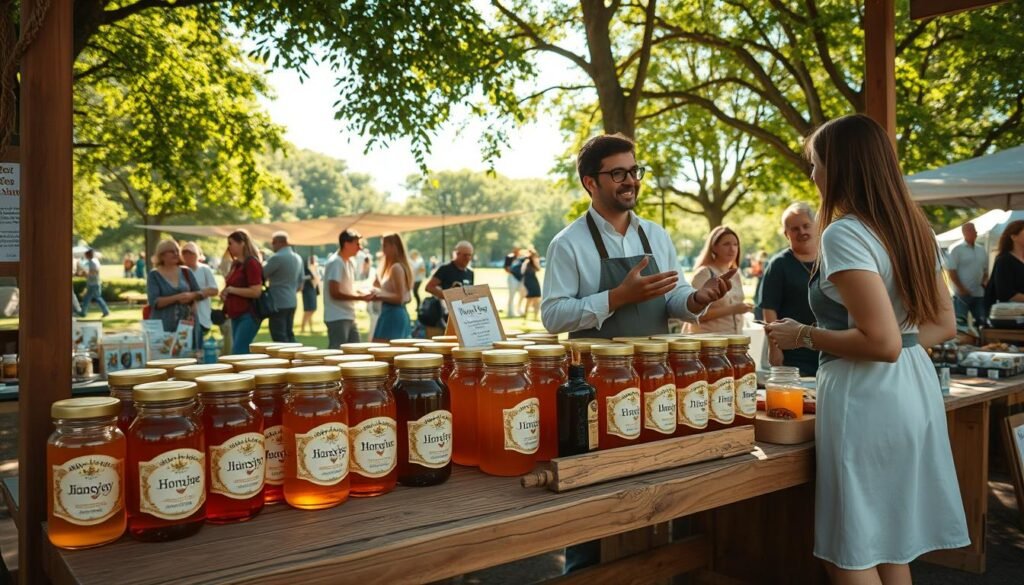 A vibrant marketplace setting showcasing various sales channels for honey. In the foreground, a well-organized wooden stall displays jars of honey with appealing labels, set atop a rustic table. A beekeeper in professional attire interacts with a couple of interested customers, sharing information about the product. In the middle ground, a farmer's market atmosphere thrives, with other stalls featuring beeswax candles, honey-infused products, and promotional flyers. The background reveals a sunny park scene, with trees and people engaging happily, creating a lively and inviting atmosphere. Soft, natural lighting filters through the leaves, casting gentle shadows. The composition is balanced, with a focal point on the honey stall, evoking a sense of community and entrepreneurship, ideal for showcasing successful sales strategies.