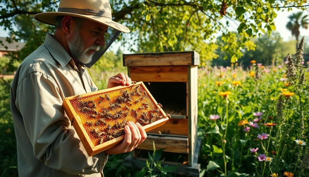 A vibrant scene depicting a beekeeping expert in modest casual clothing, gently inspecting a bustling honeybee hive during the warm light of late spring. In the foreground, a close-up view showcases the beekeeper holding a frame filled with honeycomb, bees actively moving around. The middle layer features the hive itself, clearly displaying the entrance where bees are entering and exiting. In the background, a lush green garden blooms with colorful wildflowers, hinting at the local flora that supports the hive. The atmosphere is serene and productive, with soft sunlight filtering through the trees, casting dappled shadows across the scene. The angle captures both the beekeeper's focused expression and the lively activity of the hive, illustrating the theme of successful requeening.