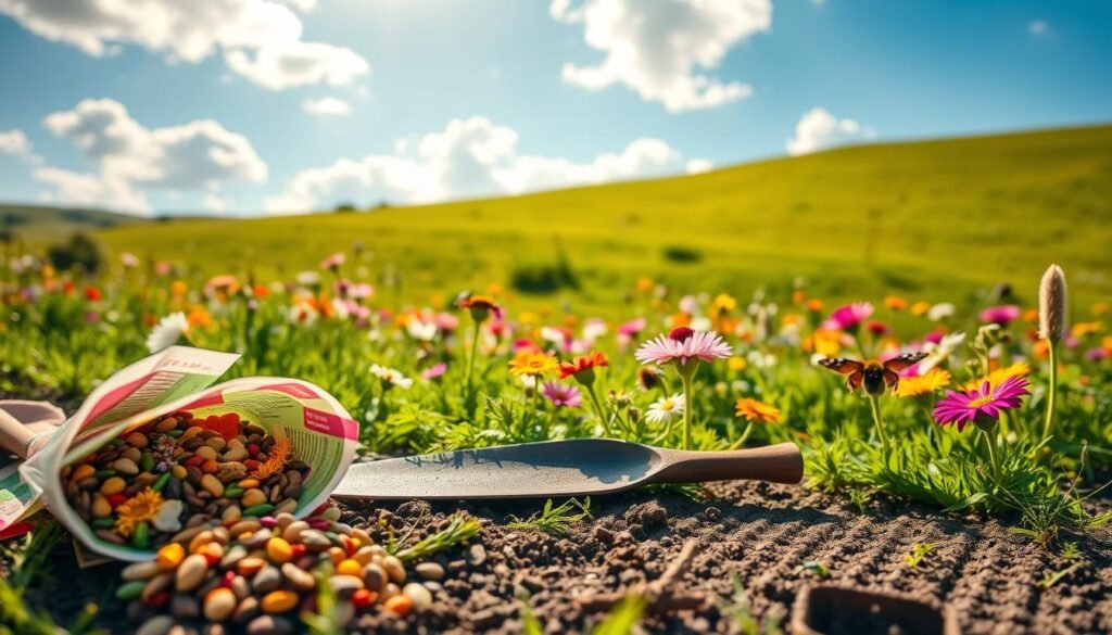 A vibrant scene depicting a pollinator meadow in the midst of a sunny day, showcasing a strategic planting approach with seed packets, plant plugs, and a hybrid arrangement of flowers. In the foreground, a close-up view includes diverse flower seeds spilling from colorful packets and neatly arranged plant plugs alongside a trowel. The middle ground features blooming wildflowers in varied hues, creating a natural tapestry that attracts butterflies and bees. The background reveals a gentle rolling landscape with lush green grass under a bright blue sky, dappled with fluffy white clouds. The lighting is warm and inviting, with sunlight casting soft shadows, evoking a sense of tranquility and harmony with nature. The entire scene embodies a sense of preparation and nurturing, illustrating an effective planting strategy for a pollinator-friendly environment.