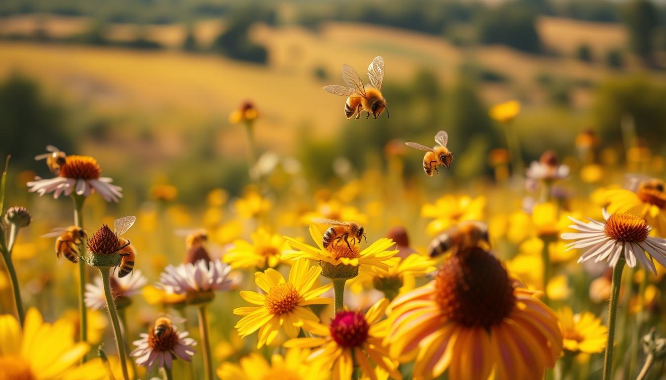 A vibrant scene depicting honey bees foraging among a diverse array of blooming wildflowers in a sunlit meadow