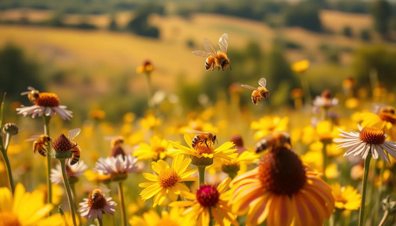 A vibrant scene depicting honey bees foraging among a diverse array of blooming wildflowers in a sunlit meadow