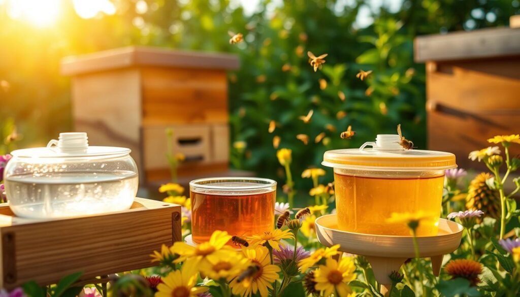 A vibrant scene depicting seasonal beekeeping feeders in a lush garden, showcasing various types of feeders designed for honeybees. In the foreground, detailed wooden and plastic feeders filled with sugar water and syrup, surrounded by blooming flowers that attract bees. The middle layer features a well-maintained beehive with bees actively flying in and out, emphasizing the importance of seasonal management. In the background, a soft-focus view of lush greenery under warm, golden afternoon sunlight, lending a serene and productive atmosphere. Utilize a macro lens to capture intricate details of the feeders and bees, conveying a sense of harmony with nature and the vital role of beekeeping equipment in supporting hive health.