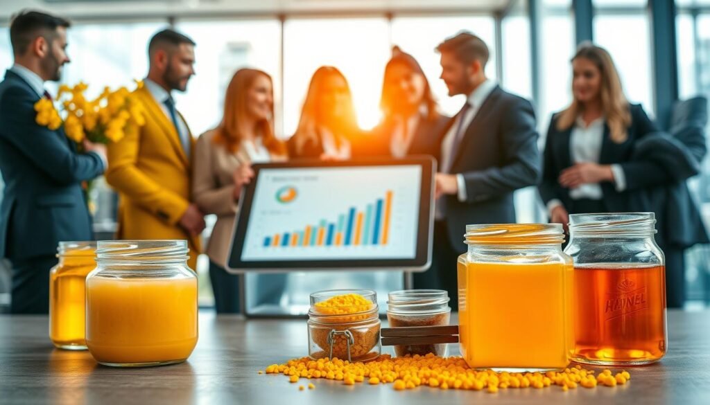 A vibrant scene depicting the rising consumer trends in the U.S. beeswax, pollen, and propolis market. In the foreground, there are jars of honey and beeswax candles artfully arranged, with fresh pollen granules spilling out, signifying popularity and natural products. In the middle ground, a diverse group of professionals, dressed in smart business attire, are engaged in discussion over a digital tablet displaying graphs of market trends and consumer interests. The background showcases a bright and modern office setting with large windows allowing natural light to flood in, creating an atmosphere of innovation and growth. The overall mood is optimistic and forward-thinking, highlighting the increasing adoption of natural health products. A vibrant scene depicting the rising consumer trends in the U.S. beeswax, pollen, and propolis market. In the foreground, there are jars of honey and beeswax candles artfully arranged, with fresh pollen granules spilling out, signifying popularity and natural products. In the middle ground, a diverse group of professionals, dressed in smart business attire, are engaged in discussion over a digital tablet displaying graphs of market trends and consumer interests. The background showcases a bright and modern office setting with large windows allowing natural light to flood in, creating an atmosphere of innovation and growth. The overall mood is optimistic and forward-thinking, highlighting the increasing adoption of natural health products.