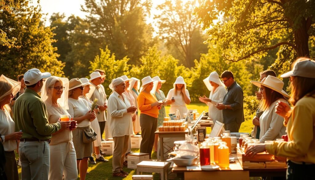 A vibrant scene of a beekeepers association meeting outdoors in a sunny park setting. In the foreground, diverse groups of enthusiastic beekeepers, dressed in modest casual clothing with protective hats and veils, are engaged in animated discussions, holding jars of honey and beekeeping tools. In the middle ground, tables are adorned with beekeeping literature and local honey products, showcasing the diversity of local clubs and honey producers associations. The background features lush greenery and blooming flowers, emphasizing the importance of bees in the ecosystem. The warm, golden light of late afternoon casts a welcoming glow, creating a sense of community and passion for beekeeping. A shallow depth of field emphasizes the beekeepers while the background remains slightly blurred. The atmosphere is cheerful and collaborative, reflecting a strong sense of purpose and dedication to the craft.