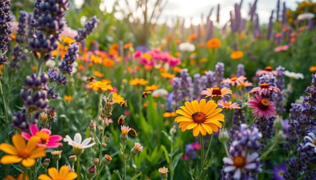 A vibrant spring garden bursting with drought-tolerant nectar plants, showcasing a variety of colorful flowers such as lavender, salvia, and blanket flowers. In the foreground, a close-up of delicate blossoms with vivid colors, highlighting their unique shapes and textures, attracting a variety of bees in gentle motion. The middle ground features lush greenery and clusters of blooming plants, creating a harmonious blend of colors. In the background, soft sunlit rays filter through light clouds, casting a warm glow over the entire scene. Use a shallow depth of field to keep the focus on the flowers and bees, enhancing the lively atmosphere of early spring. The overall mood should be cheerful and thriving, emphasizing the beauty of a bee-friendly garden.