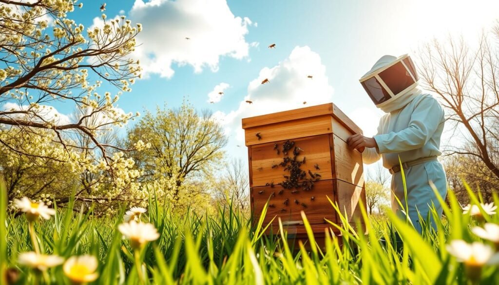 A vibrant spring landscape features a well-maintained beehive in the foreground, surrounded by blooming flowers and lush green grass. The hive is made of natural wood, with bees actively flying around, indicative of a healthy colony. In the middle ground, a beekeeper, dressed in professional protective gear, inspects the hive, focusing on the entrance and observing the bee activity with a calm demeanor. The background showcases a clear blue sky with fluffy white clouds, hinting at favorable weather conditions for foraging. Sunlight filters through the trees, casting a warm, golden hue over the scene, creating an atmosphere of tranquility and productivity. The overall mood is one of harmony with nature, emphasizing the connection between beekeeping, seasonal strategy, and the importance of weather and environmental factors in managing colonies.