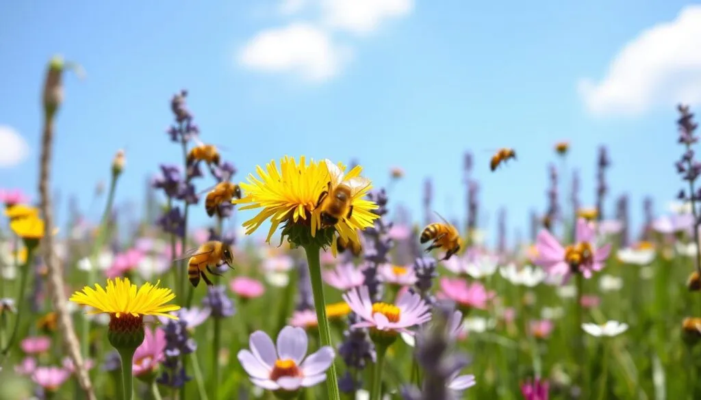 A vibrant spring meadow filled with regional bees buzzing around colorful wildflowers