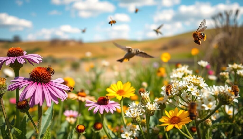 A vibrant spring scene showcasing native bees busily pollinating colorful, blooming flowers. In the foreground, a variety of blossoms, such as purple coneflower, yellow coreopsis, and delicate white clover, are rich with pollen. Bees, in various stages of foraging, flit between flowers, their fuzzy bodies glistening in the sunlight. The middle ground features a softly blurred garden setting, emphasizing the lush greenery of early spring, while birds like goldfinches and hummingbirds dart playfully among the blossoms. The background is a gentle, out-of-focus landscape with rolling hills and a bright blue sky dotted with fluffy white clouds. Soft, warm lighting creates a serene and cheerful atmosphere, inviting viewers to appreciate nature's early offerings. The image is captured with a shallow depth of field for an intimate feel.