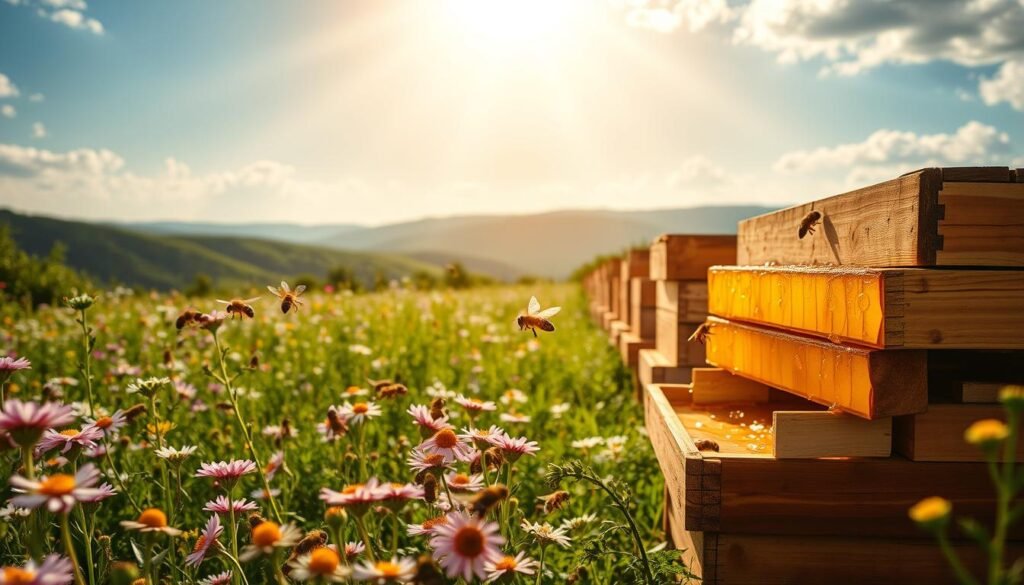 A vibrant summer landscape shows a lush, blooming meadow filled with wildflowers, surrounded by greenery. In the foreground, a beehive sits amidst flourishing plants, with bees bustling around, collecting nectar. Close-up details reveal glistening honey drips and golden honeycomb glistening in the sunlight. The middle ground features rows of supers, the wooden boxes filled with honey, some partially removed to reveal glistening honeycombs filled with rich amber nectar. The background should display soft, rolling hills under a bright blue sky, with rays of warm sunlight filtering through clouds, creating a serene and idyllic atmosphere. Use a shallow depth of field to focus on the hive and the honey, while softly blurring the distant hills. The mood is warm, inviting, and productive, encapsulating the essence of summer beekeeping.