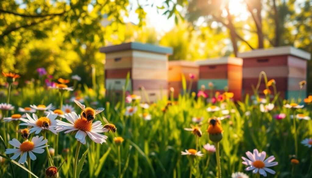 A vibrant summer scene depicting beehives in a sunny meadow, surrounded by blooming wildflowers rich in pollen. In the foreground, close-up views of bees actively collecting pollen, with their wings shimmering in the bright sunlight. The middle ground showcases well-maintained wooden beehives, painted in soft pastels, nestled among lush green grass and colorful flowers. In the background, golden sunlight filters through leafy branches, casting dappled shadows on the ground, creating a warm and inviting atmosphere. The overall mood is both serene and industrious, capturing the essence of nature's bustling energy during peak summer. Soft focus lighting emphasizes the vibrant colors of the flowers and the delicate activity of the bees, enhancing the scene's lively yet peaceful feel.