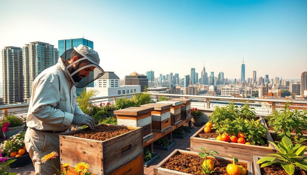 A vibrant urban rooftop garden scene showcasing urban beekeeping. In the foreground, a professional beekeeper in modest casual clothing tends to a beehive buzzing with activity, surrounded by colorful flowers and greenery. In the middle ground, several hives are arranged neatly, brimming with bees, while fruits and vegetables grow in planters nearby, symbolizing local food production. The background features a panoramic city skyline with modern buildings and clear blue skies, illuminating the scene with warm, golden afternoon light. The atmosphere is lively yet tranquil, capturing the harmony between nature and urban living, emphasizing the benefits of beekeeping in the city ecosystem. Use a slight aerial angle to highlight both the bees and the urban landscape.