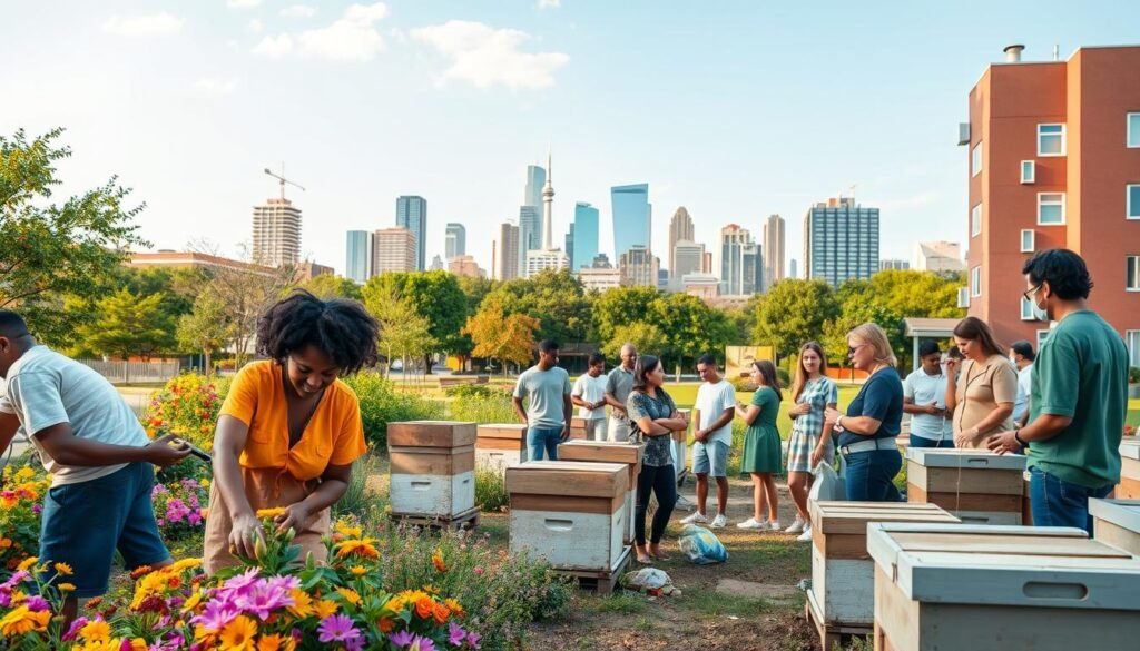 A vibrant urban setting showcasing community engagement in urban beekeeping. In the foreground, diverse individuals, including a Black woman and a Hispanic man, work together in a community garden, wearing casual, modest attire. They are surrounded by colorful flowers and beehives. The middle ground features an inviting neighborhood park with people of various ages participating in a bee education workshop, engaging in discussions and sharing knowledge. In the background, a city skyline with modern buildings is visible under a bright blue sky, adding a dynamic urban feel. Soft, warm lighting creates a friendly and collaborative atmosphere, with an emphasis on community spirit and sustainability. The scene captures the essence of inclusivity and teamwork in promoting urban beekeeping practices.