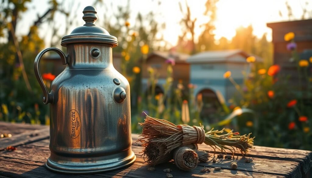 A vintage bee smoker sits prominently in the foreground, constructed from polished metal with a bellows on the side, showcasing intricate detailing and a rustic patina. Soft, warm sunlight glints off its surface, highlighting the craftsmanship. In the middle ground, a few pieces of natural smoking fuel—dried pine needles and herbs—are artistically arranged, ready to be packed into the smoker. The background features a tranquil outdoor apiary scene, with beehives nestled among vibrant wildflowers and lush greenery, creating a serene atmosphere. The angle is slightly tilted to capture the textures of the smoker and fuel, evoking a sense of harmony with nature. The overall mood is calm and inviting, emphasizing the importance of properly using a bee smoker for the care of bees.