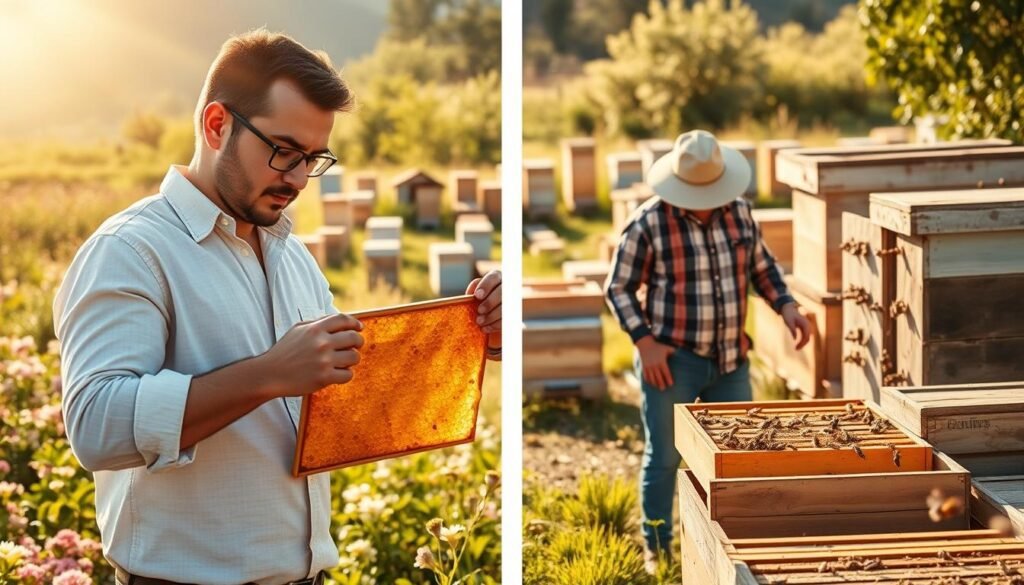 A visual representation of "scale time income management" in the context of beekeeping, featuring a divided scene. In the foreground, a confident, professionally dressed beekeeping entrepreneur inspects a honeycomb frame, symbolizing commercial beekeeping. In the middle ground, a hobbyist beekeeper in casual attire tends to a smaller hive, reflecting the hobby aspect. The background shows a vibrant landscape with flourishing flowers and multiple hives of varying sizes, emphasizing scale. Soft, golden sunlight filters through the scene, creating a warm and inviting atmosphere. The angle is slightly elevated, providing a comprehensive view of both types of beekeeping, highlighting the contrast in management intensity and income streams without any text or markings.