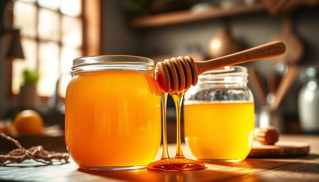 A visually captivating scene featuring a jar of decrystallized honey, showcasing its smooth, golden texture glistening in the light. In the foreground, the jar is open with a wooden honey dipper resting on the rim, its golden liquid cascading slowly. The middle ground includes a softly blurred background of a rustic kitchen setting, with warm, natural light pouring in through a nearby window, illuminating the warm wooden surface beneath. The atmosphere is inviting and soothing, evoking a sense of homely comfort and the natural origin of honey. The composition should be shot from a slightly elevated angle, focusing on the honey's rich, amber hue, emphasizing its liquid state and freshness, with no text or distractions within the frame.