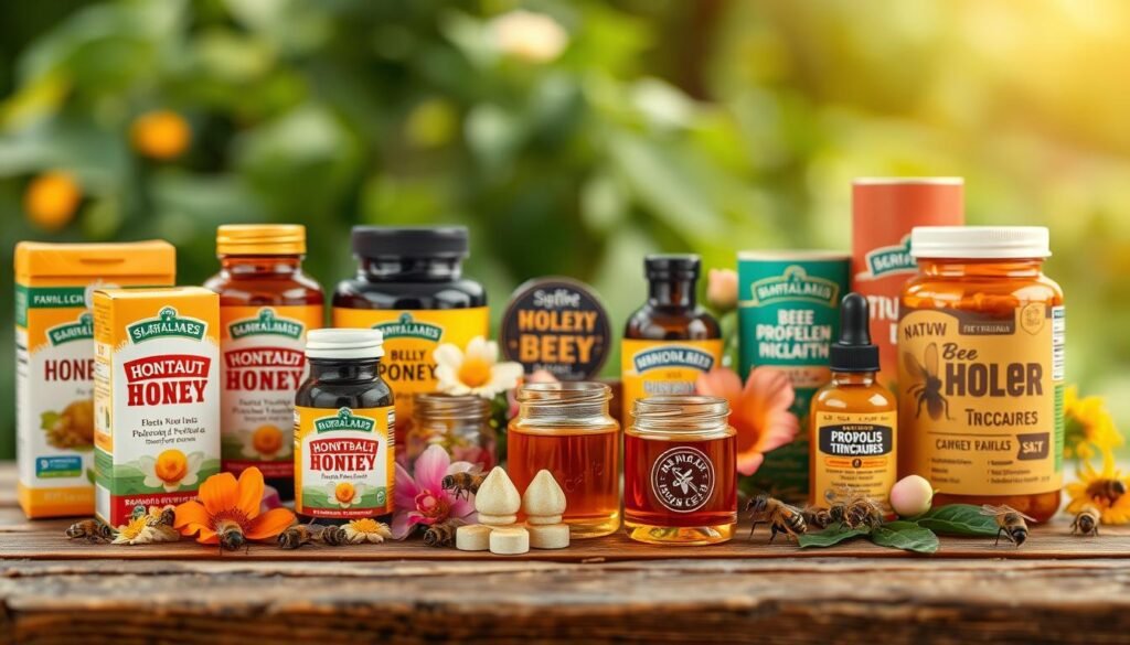 A visually striking arrangement of various natural bee supplements, prominently displayed on a rustic wooden table. In the foreground, focus on vibrant packaging of standout brands like honey-based formulas, pollen capsules, and propolis tinctures, each labeled with colorful, eye-catching designs. In the middle ground, include small glass jars filled with royal jelly, surrounded by fresh flowers and bee icons to enhance the natural theme. The background should feature soft, blurred greenery to evoke an outdoor garden atmosphere. Use warm, diffused lighting to create an inviting, organic mood that reflects the health and vitality of bees. Shot with a shallow depth of field to draw attention to the supplements, this composition emphasizes the importance of natural ingredients for bee health.