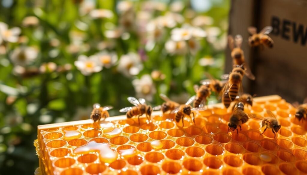 A vividly detailed syrup feeding comb, placed prominently in the foreground, showcasing an intricate design with shiny, golden syrup visibly dripping from the holes. Surrounding the comb, a cluster of busy honeybees is diligently working on drawing wax, their delicate wings glistening in the soft sunlight. In the middle ground, a backdrop of green foliage and blooming flowers adds a natural feel, enhancing the beekeeping setting. The lighting is warm and inviting, suggesting a sunny day, with subtle shadows creating depth. The angle is slightly elevated, providing a clear view of the bees and the feeding comb, evoking a sense of activity and productivity in the bee environment, capturing the essence of a thriving hive.