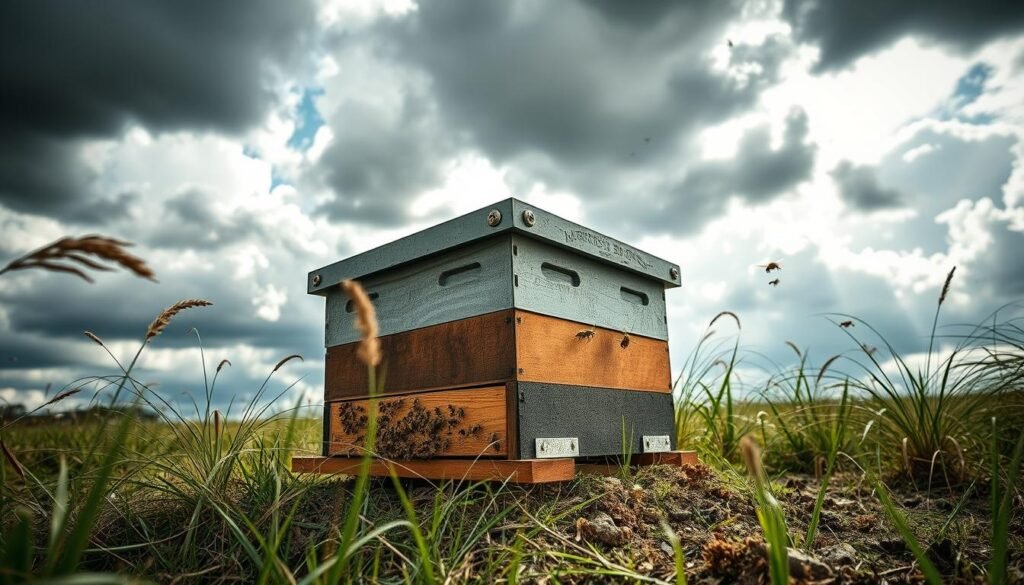 A well-designed beehive securely anchored to the ground, surrounded by gusty winds and stormy clouds, illustrating hive stability amid high-wind conditions. In the foreground, show the hive featuring reinforced corners and a sturdy roof, with wind guards positioned at the entrance. The middle ground should include swaying plants and grass bending in the gusts, while bees can be seen flying in and out, demonstrating active colony life. In the background, dark storm clouds loom with scattered sunlight breaking through, creating a dramatic ambiance. Capture the scene using a wide-angle lens to emphasize the hive's resilience, with a focus on the texture of the hive materials. The overall mood is dynamic and tense, reflecting the challenges of beekeeping in harsh weather conditions.
