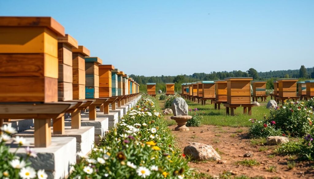 A well-organized apiary scene designed for hive identification, showcasing distinct landmarks. In the foreground, there are several wooden beehives, each with unique markings and colors for easy identification, standing on raised platforms. In the middle ground, a diverse, lush landscape of flowering plants and ornamental rocks surrounds the hives, illustrating an optimal environment for bee activity. In the background, a clear blue sky is contrasted by distant trees, creating a tranquil atmosphere. Soft, natural lighting bathes the scene, emphasizing the colors of the hives and the greenery. The perspective is slightly elevated, capturing a comprehensive layout that highlights the arrangement of the apiary, promoting awareness of colony behavior and environmental factors contributing to drift, all while maintaining a peaceful and inviting feel.