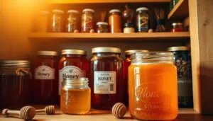 A well-organized kitchen pantry showcasing jars of honey stored at room temperature
