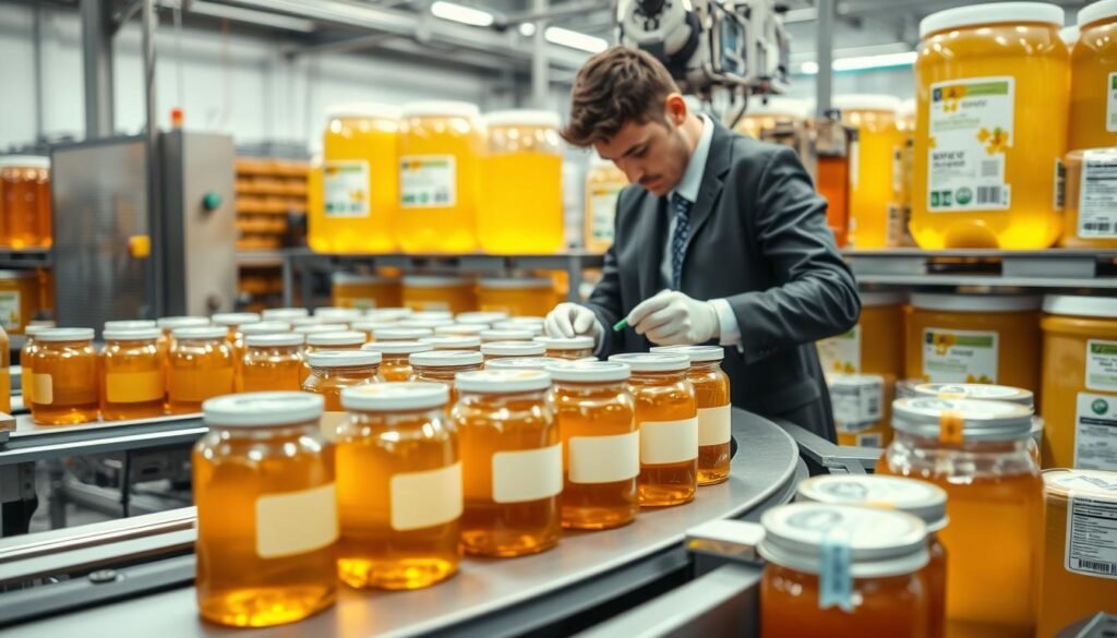 A well-organized production line focusing on honey bottling and processing. In the foreground, showcase a worker in professional business attire, carefully labeling jars of honey on a conveyor belt. The middle layer features a bottling machine with jars of honey lined up and partially filled, demonstrating an efficient scaling-up of production. In the background, large containers of honey and foodservice labeling materials, such as rolls of labels and packaging designs, indicate bulk processing. The lighting is bright and focused, emphasizing the clarity and freshness of the honey. Use a shallow depth of field to create a professional and clean atmosphere, while maintaining an industrial yet inviting feel in the overall image.