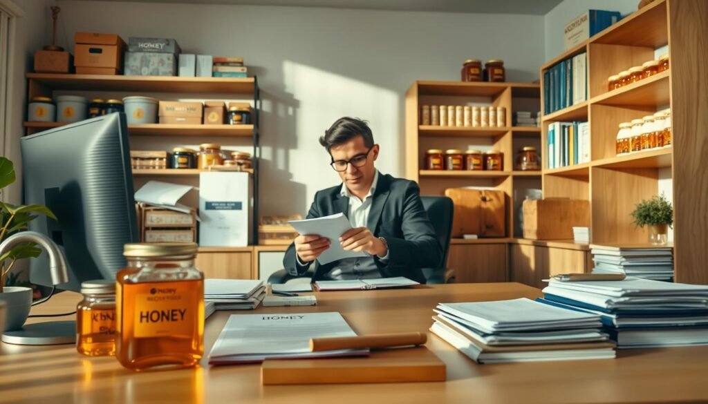 A well-organized, professional office setting, focusing on the theme of business registration for honey. In the foreground, a neatly arranged desk with a computer, honey jars and documents including business registration forms, all emphasizing the entrepreneurial spirit. The middle ground features a person in a smart casual outfit, actively filling out forms or discussing with a consultant, radiating determination and professionalism. In the background, shelves lined with beekeeping supplies and books on honey selling create a warm and inviting atmosphere. Soft, natural lighting illuminates the scene, casting gentle shadows to add depth. The overall mood is one of focus and initiative, conveying the exciting journey of starting a honey business legally.