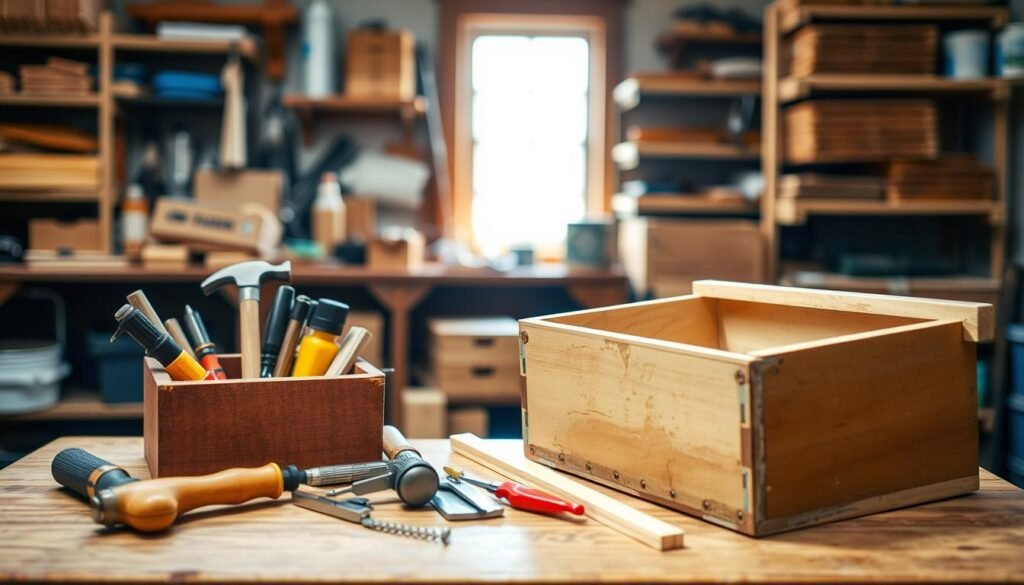 A well-organized toolbox displayed prominently in the foreground, filled with essential repair tools such as a hammer, screwdriver, utility knife, and wood glue, resting on a wooden workbench. In the middle ground, a partially disassembled hive box rests, showcasing its worn edges and the materials needed for repair, like wood strips and paint. The background features a soft-focus workshop environment with shelves stocked with more tools and honeycomb frames, illuminated by warm, natural light streaming through a nearby window. The atmosphere is inviting and industrious, conveying a sense of preparedness for hands-on work in beekeeping. The scene captures the essence of repairing hive boxes, highlighting the tools and materials in an engaging and informative manner. A well-organized toolbox displayed prominently in the foreground, filled with essential repair tools such as a hammer, screwdriver, utility knife, and wood glue, resting on a wooden workbench. In the middle ground, a partially disassembled hive box rests, showcasing its worn edges and the materials needed for repair, like wood strips and paint. The background features a soft-focus workshop environment with shelves stocked with more tools and honeycomb frames, illuminated by warm, natural light streaming through a nearby window. The atmosphere is inviting and industrious, conveying a sense of preparedness for hands-on work in beekeeping. The scene captures the essence of repairing hive boxes, highlighting the tools and materials in an engaging and informative manner.