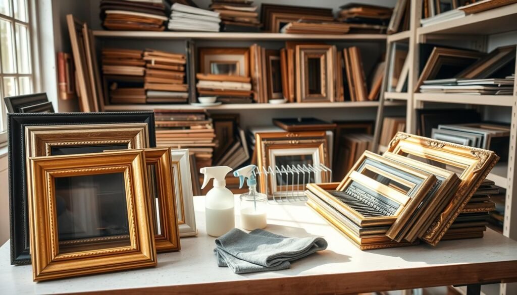 A well-organized workshop scene featuring various picture frames stacked neatly on a clean workbench. In the foreground, several frames of different sizes—some simple wooden frames, others ornate gilded designs—are arranged with space between them for airflow. In the middle ground, essential cleaning tools like microfiber cloths and a spray bottle sit ready for use, with a small drying rack for recently cleaned frames. The background includes shelves filled with additional frames, all well-kept. Soft, natural lighting streams in from a nearby window, casting gentle shadows and highlighting dust particles in the air. The atmosphere is tidy and focused, conveying a sense of preparation and care in storing frames effectively.