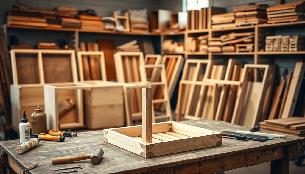 A well-organized workshop setting showcasing various frames used for repairing hive boxes. In the foreground, focus on a wooden frame with intricate corner joints, unpainted and inviting, placed on a sturdy workbench scattered with tools like a hammer, wood glue, and clamps. In the middle ground, partially assembled frames lean against a wall, illuminated by soft, natural light filtering through a nearby window. The background features shelves lined with neatly stored hive parts, all bathed in warm tones, evoking a sense of craftsmanship and care. The atmosphere is calm and inviting, perfect for a DIY project, capturing the essence of finishing and assembling bee boxes for long-term storage and repair protection. A well-organized workshop setting showcasing various frames used for repairing hive boxes. In the foreground, focus on a wooden frame with intricate corner joints, unpainted and inviting, placed on a sturdy workbench scattered with tools like a hammer, wood glue, and clamps. In the middle ground, partially assembled frames lean against a wall, illuminated by soft, natural light filtering through a nearby window. The background features shelves lined with neatly stored hive parts, all bathed in warm tones, evoking a sense of craftsmanship and care. The atmosphere is calm and inviting, perfect for a DIY project, capturing the essence of finishing and assembling bee boxes for long-term storage and repair protection.