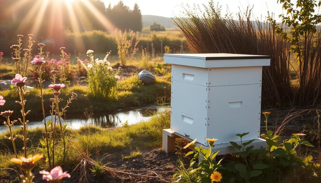 A well-positioned beehive in a garden setting with morning sun and nearby flowering plants