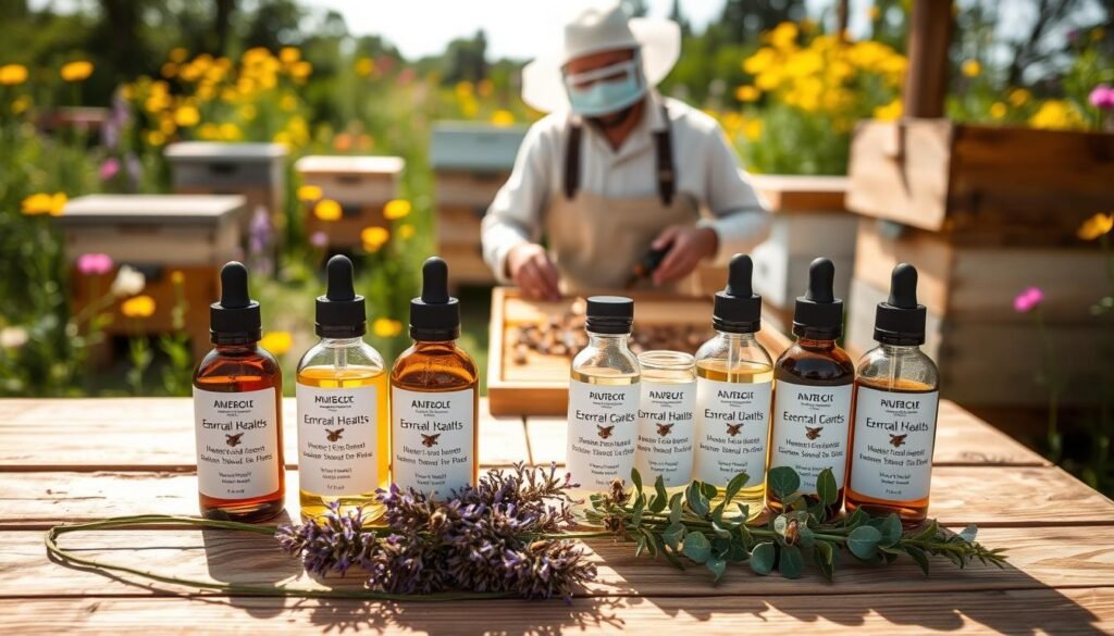 A wooden table in a sunlit apiary, displaying various essential oils in elegant glass bottles, each labeled clearly. In the foreground, a cluster of lavender and eucalyptus plants, symbolizing natural health elements, complements the oils. In the middle, a beekeeper in modest, professional clothing carefully inspects a small group of honeybee frames, highlighting the connection between bees and the oils. The background features vibrant, blooming wildflowers and beehives, suggesting a thriving environment. Soft, warm lighting envelops the scene, creating an inviting and serene atmosphere. The lens captures the intricate details of the oils and bees, enhancing the visual narrative of supporting bee health through natural oils.