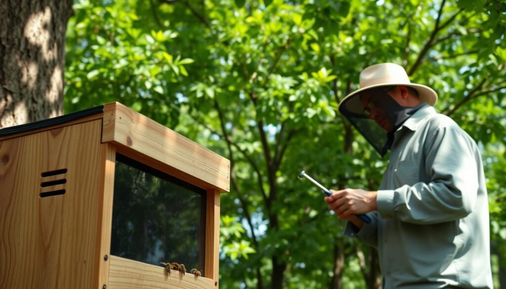 A wooden tree box designed for safely trapping swarms of bees, positioned against a backdrop of lush green foliage. In the foreground, the tree box is detailed with a natural wood finish, featuring ventilation apertures and a clear entrance for the bees. In the middle ground, a beekeeper, dressed in modest casual attire including a long-sleeved shirt and a protective hat with veil, carefully checks the box, holding a inspection tool. The scene is shot from a slightly low angle, emphasizing the tree box's height and the surrounding environment. Soft, diffused sunlight casts gentle shadows, creating a serene and focused atmosphere. The background is filled with vibrant trees, emphasizing a safe and natural setting for beekeeping. The overall mood conveys precaution and professionalism in this essential aspect of beekeeping.