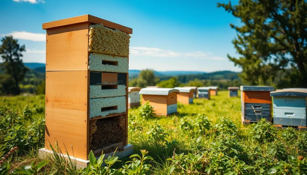 An aerial view of a beekeeping apiary showcasing both vertical and horizontal hives nestled among a lush green landscape