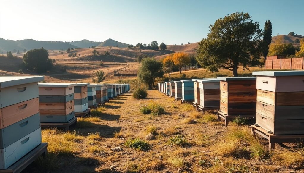 An apiary situated in a serene landscape, showcasing strategically placed beehives aligned for optimal wind protection. In the foreground, depict a gentle slope with a variety of wooden hives painted in soft pastels, their entrances facing away from the prevailing winds. In the middle ground, show a small cluster of flowering plants attracting bees, ensuring biodiversity around the hives. The background features rolling hills and scattered trees providing a natural windbreak. Soft morning light filters through, casting a warm glow on the scene, evoking a calm and peaceful atmosphere. Use a wide-angle lens perspective to capture the expansive setting, highlighting the harmony between the hives and their natural surroundings.